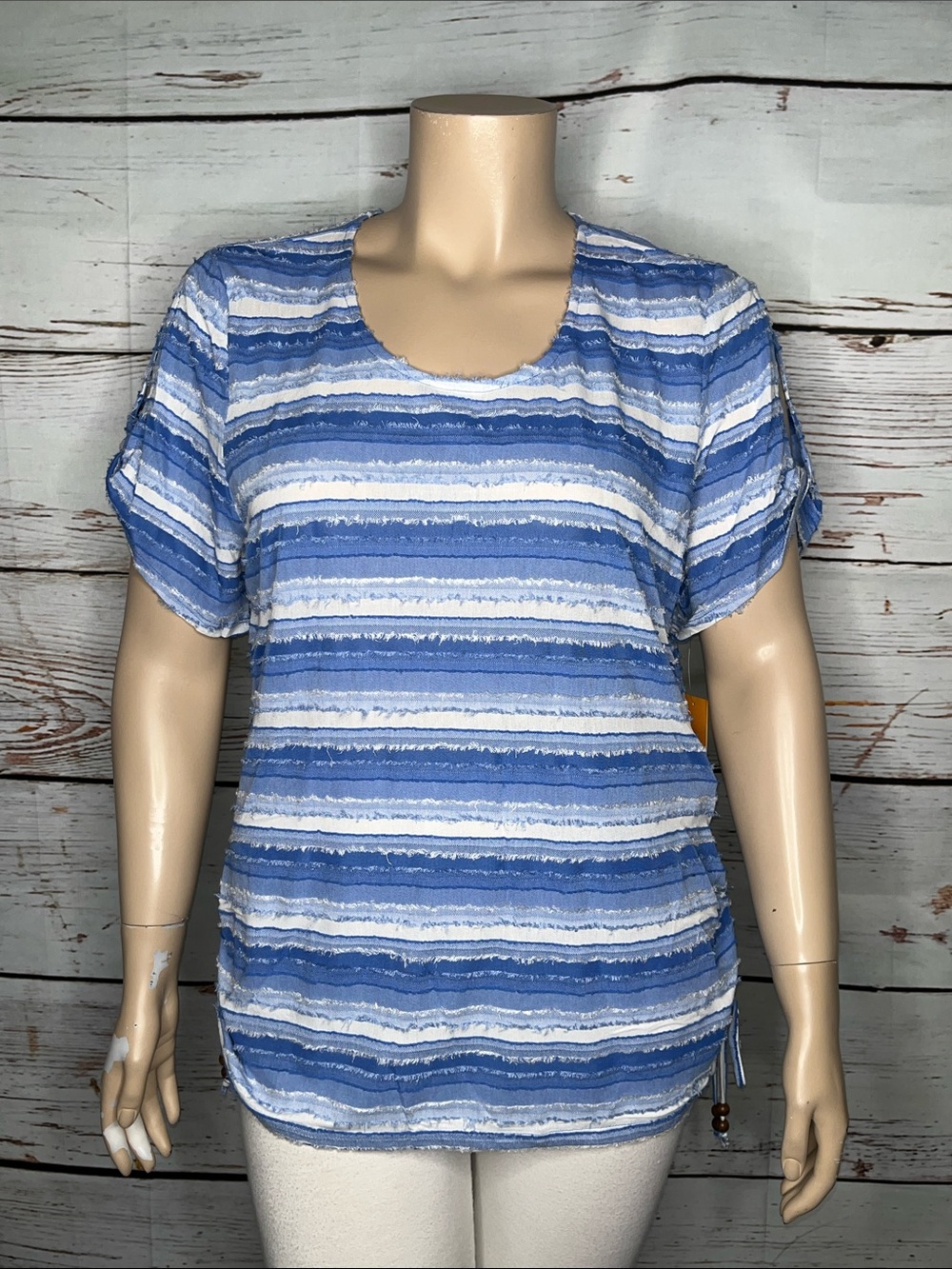 Ruby Rd. NWT Size 1X Blue & White Stripe Scoop Neck Fringe Trim Blouse Top
